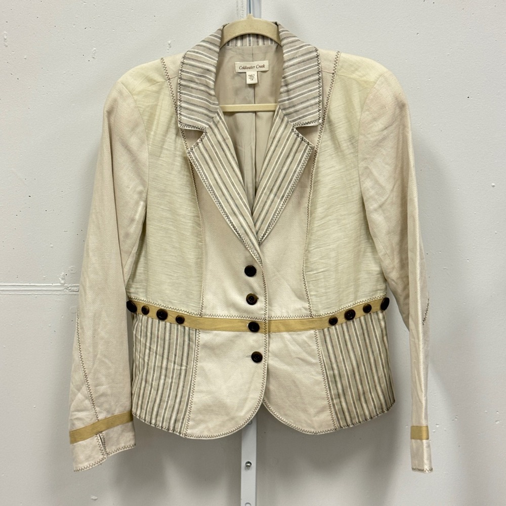 Coldwater Creek Cream Striped Mixed Media Button Front Blazer Jacket Women's 14